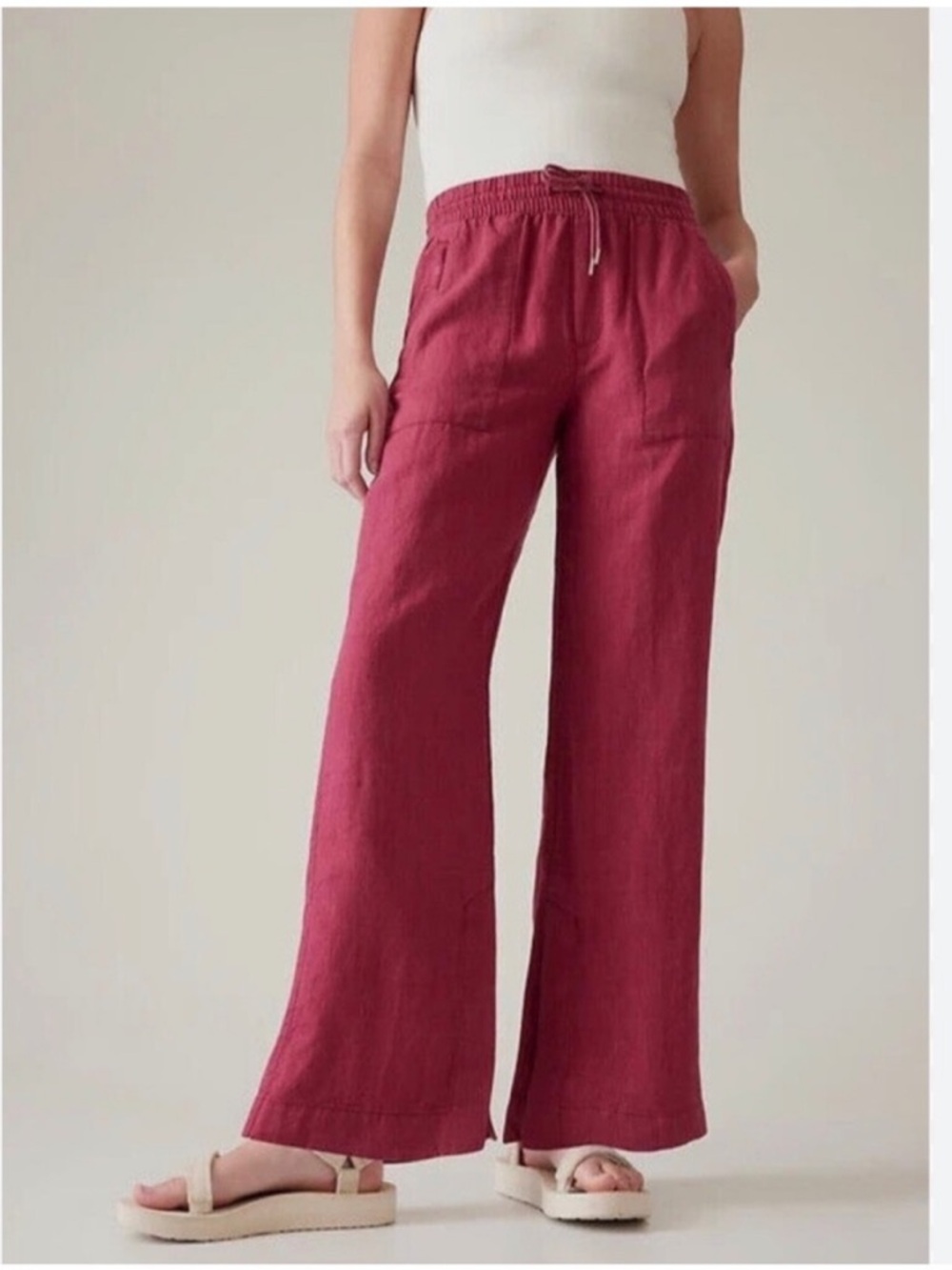 Athleta Retreat 100% Linen Wide Leg Pants Coffee Berry Red 16 Tall NWT